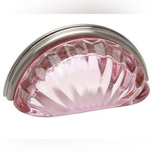 Set of 5 - New Satin Nickel with Pink Glass Cabinet Cup Pull - 3" Hole Centers
